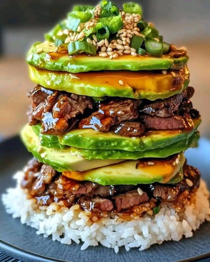 Teriyaki Beef and Avocado Rice Stack
