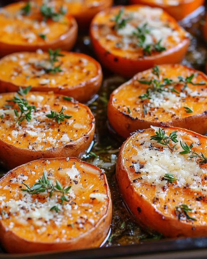 Roasted Sweet Potatoes with Garlic and Parmesan