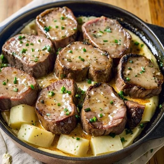 Cajun Steak Bites with Cheesy Mashed Potatoes and Rich Parmesan Sauce