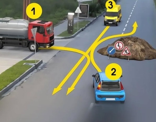 Who should the blue car give way to?